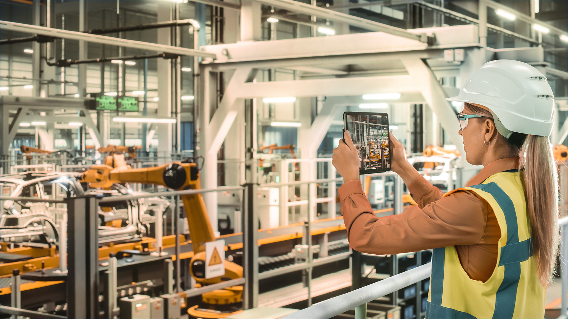 Bild: Frau mit Helm und Schutzweste hält ein Tablet vor einen Industrieroboter